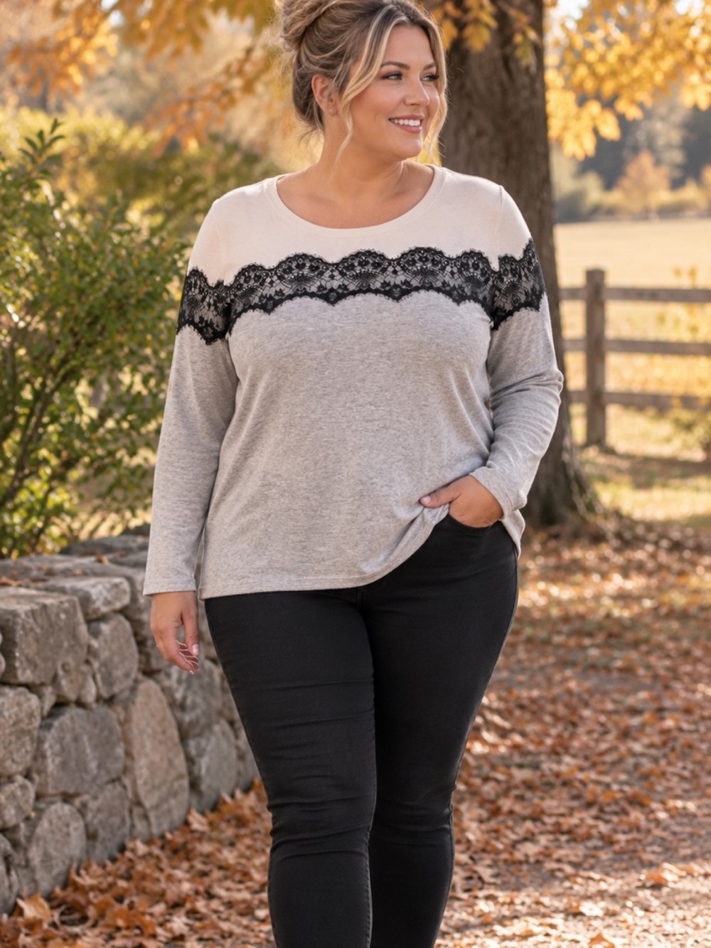 Lane Bryant 26/28 4X Plus Size Lace Colorblock Long Sleeve Sweater Top